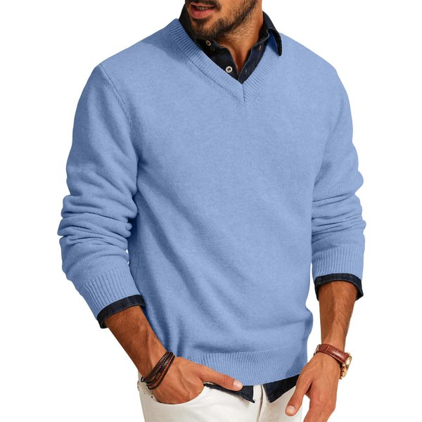 SuéTeres De Cuello En V Para Hombre Casual Punto Ligero SuéTer De Vestir Manga Larga Ajustado OtoñO Invierno Jersey M Azul Claro-image
