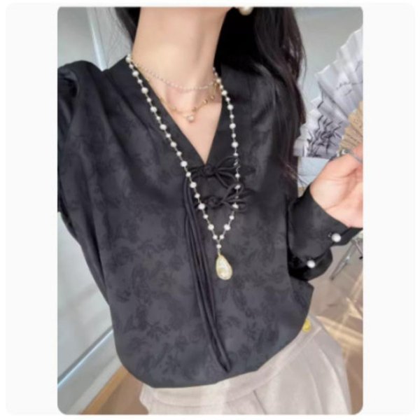 Nueva Ropa Femenina De Alto Temperamento Nuevo Estilo Chino Jacquard Cuello En V BotóN Holgada Camisa De Manga Larga Para Mujer 3XL Gray-image