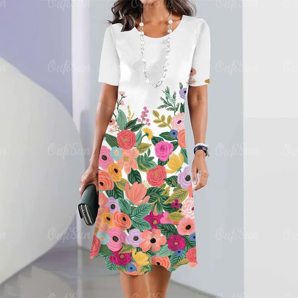 Eleganckie Sukienki Damskie Moda Damska KróTki RęKaw Top Casual Ladies LuźNa Sukienka W KształCie Litery A Sweter Prostota Kwiaty Odzież M Gray-image