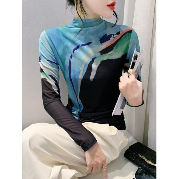 Camiseta BáSica Retro De Cuello Medio Alto Para Mujer Manga Larga Estampado De Malla Moda Reductora De Edad Top Interior Tipo Torre Camiseta Ajustada Invierno 3XL Gray-image