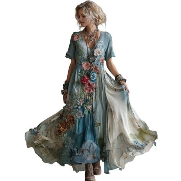 Vestido Maxi Estampado Floral Para Mujer Manga Corta Cuello En V Vestido De Baile Vestido Boho Fluido De LíNea A Vestido Casual Para Fiesta De GraduacióN Invitada A Boda XXL Azul-image