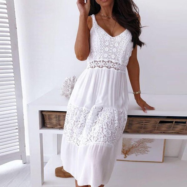 Haczyk Na Lato Hollow Flower Seksowna Sukienka Elegancka Na Co Dzień Bez RęKawóW Koronkowa Sukienka SłOdki Patchworkowy Pasek Backless PlażA BiałA Sukienka 25181 L BiałY-image