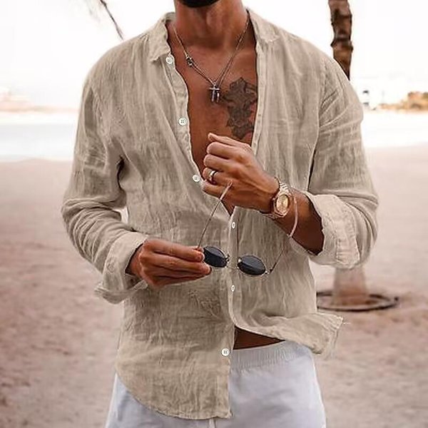 Nowa BawełNa Nowa MęSka Koszula Z DłUgim RęKawem Jednolity Kolor Klapa Styl Casual Koszula M Khaki-image