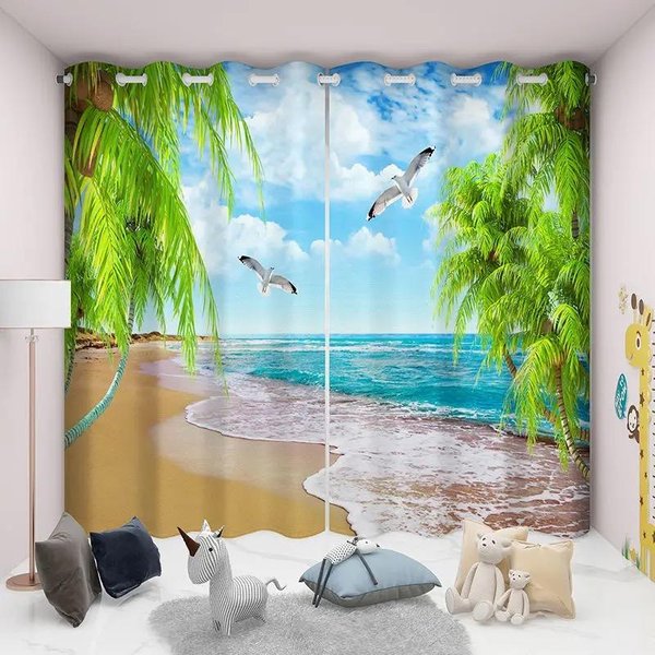2 Szt. 3D ZasłOna Z Krajobrazem Balkonu I PlażY, Dekoracja Okienna Do Sypialni, Salonu, Kuchni, Gabinetu, Dekoracja Domu Cortinas ZasłOny (W50H130Cm)-2Pcs&Grommet Top-image