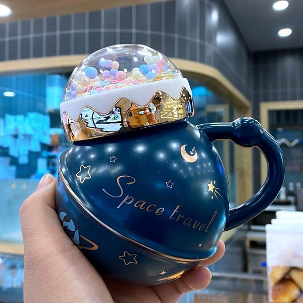 Kubek Planeta Z Pokrywką Wysoko WygląDająCy Kubek Do Picia Wody Kubek Ceramiczny Styl KreskóWkowy Uroczy Studentka KoreańSki 400Ml-image