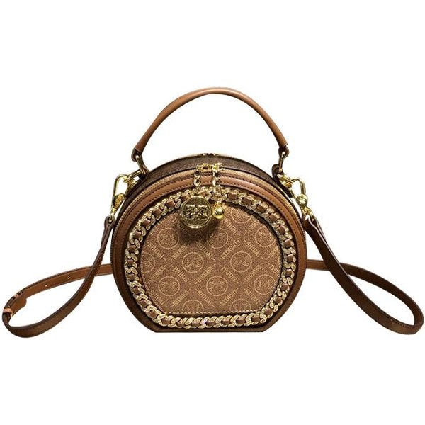 Bolso Cruzado Mini Para Mujer Bolso De Mano Redondo Piel De Foreskin Bolso PequeñO De Hombro ÚNico De Gama Alta Café-image