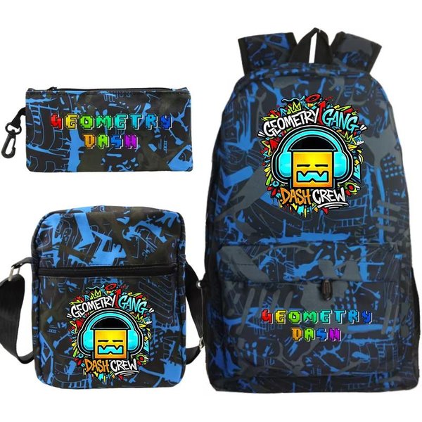 Set De 3 Piezas Mochila Geometry Dash Bolso Escolar Bolso De Hombro Estuche Para LáPices Mochila Ligera Con Cremallera Libro Adolescente NiñO NiñA Bolso De Moda-image