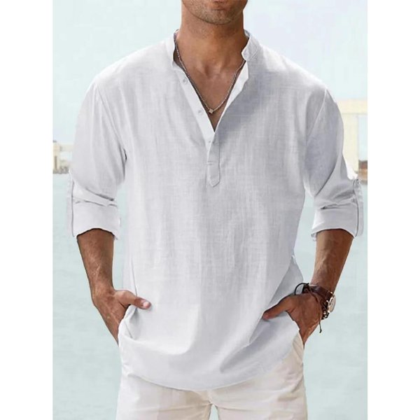 Nuevas Camisas De Lino De AlgodóN Para Hombres, Camisas Casuales, Camisas Ligeras De Manga Larga Henley Beach, Camisetas Hawaianas Para Hombres, Ropa De Calle US Xxxl 100-110KG Blanco-image