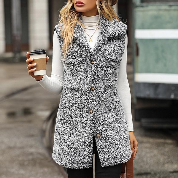 Chalecos CáRdigan Largos Sueltos Casuales Descoloridos De Terciopelo Burbuja Con Solapa Sin Mangas Para OtoñO E Invierno Para Mujer 2XL Negro-image