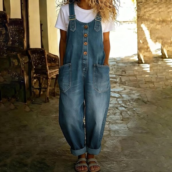 Mono Vaquero Vintage Holgado Para Mujer Sin Mangas Casual Cierre De Botones Correa Ajustable Pierna Ancha Para Uso Diario XXL Azul-image
