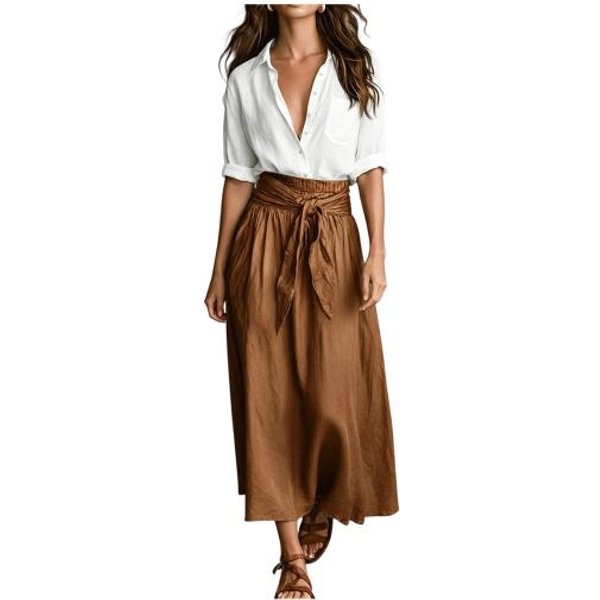 Conjunto De 2 Piezas Para Mujer Con Falda Maxi, Camisa De Manga Larga Con Botones Y Falda De Cintura Alta, Conjuntos A Juego, Conjuntos Para Estar En Casa De Vacaciones De Verano L Brown-image
