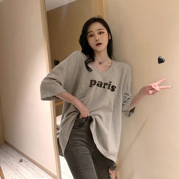 Camiseta Mujer Manga Corta Estilo Holgado Estilo Coreano Verano Nuevo Estudiante Estampado De Letras Tops Para Mujer 2XL Gris-image