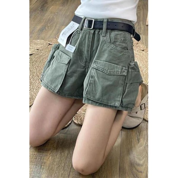 Shorts Vaqueros Cargo Caqui Para Mujer Cintura Alta Multibolsillos CinturóN Ajuste Holgado Casual Verano Streetwear Pantalones Cortos M Verde Del EjéRcito-image