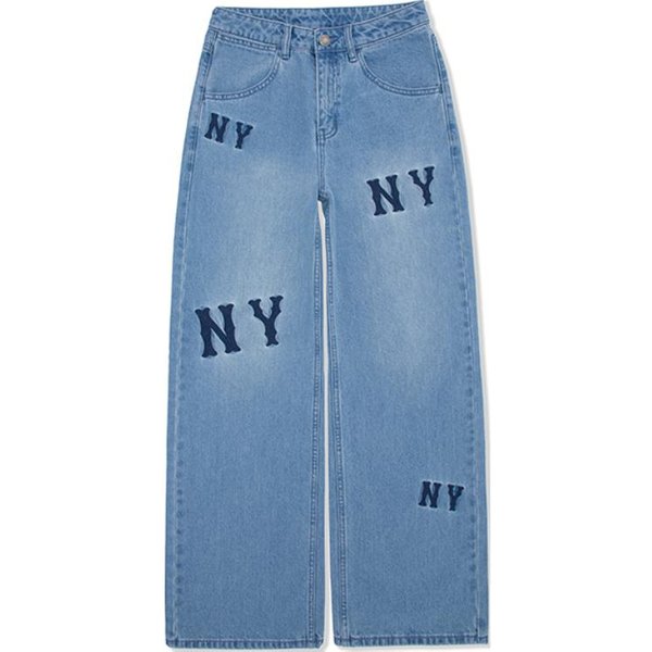 MLB New York Yankees Jeans De Pierna Ancha CóModos VersáTiles Con Letras Florales Para Mujer Azul Claro 3FDPG0351-50BLL L Gray-image