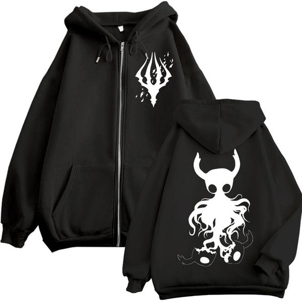 Limitowane Bluzy Z Kapturem Zapinane Na Zamek Z Grafiką Z Gry Hollow Knight Gothic Vintage Rozpinane Bluzy Z Kapturem MęSkie Damskie Modne Codzienne Pulowery S Czarny-image