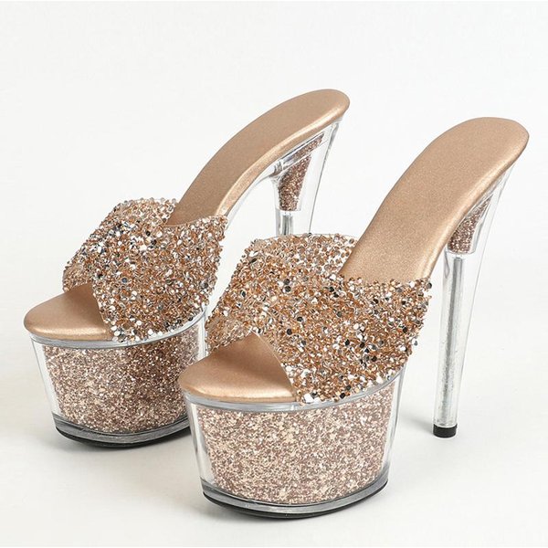 Liyke Seksowne Buty Peep Toe Na Imprezę Klubową Do TańCa Na Rurze Ekstremalnie Wysokie Obcasy 17 CM Damskie Klapki Cekinowe Przezroczyste SandałY Na Platformie 41 Beige-image