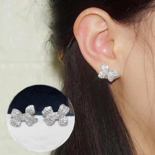 Pendientes De BotóN Huitan Con Lazo Bonito Para Mujer, Lujo, Pavé, Cristal Deslumbrante, Circonita CúBica, Temperamento Elegante, Accesorios De Oreja Femeninos, JoyeríA Para Fiesta-image