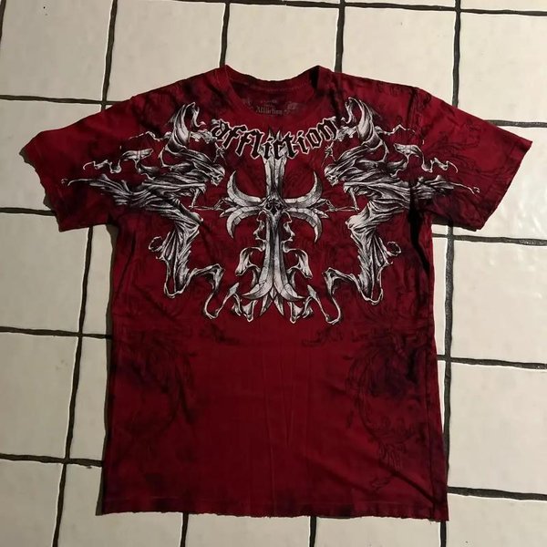 2025 Nueva Camiseta Roja Affliction Harajuku Hip Hop Cuello Redondo Oversize Camisetas Casuales Hombres Mujeres Manga Corta Ropa GóTica 6XL Gray-image