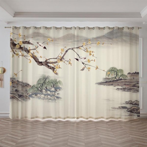 Cortina De Pintura De Paisaje De RíO Y MontañA Chino Nuevo Para Dormitorio Sala De Estar Ventana De Piso Cortinas Persianas CaíDa 2 Paneles 100W130H(Cm)40X51In&Rod Pocket-image