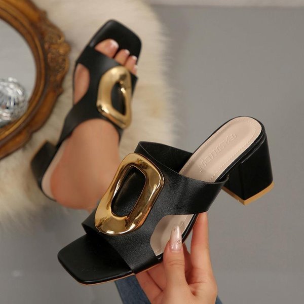 Sandalias De Verano Para Mujer Con Punta Abierta Y TacóN Alto, Estilo Deslizante Con Detalle De Hebilla MetáLica, Calzado Casual VersáTil Para Exteriores, Disponible En Tallas Grandes. 42 Negro-image