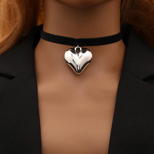 Collar Gargantilla Corta Con Colgante De CorazóN Grande Exagerado Para Mujer GóTico De Terciopelo Negro Cadena Ajustable DíA De San ValentíN JoyeríA De Boda Brown-image