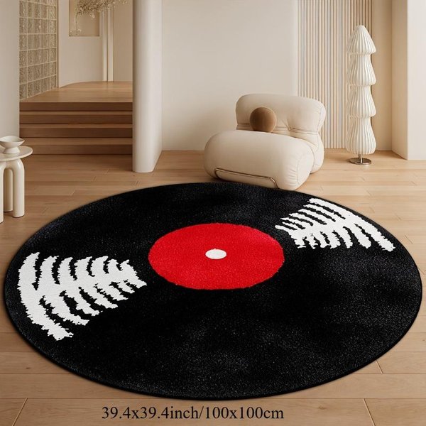 OkrąGłY Dywanik Winylowa PłYta Flanelowy MięKki AntypośLizgowy Dywanik PodłOgowy Z Motywem Muzycznym Do Salonu Sypialni Studio WystróJ Domu Styl Retro 90Cm-Dia.-image