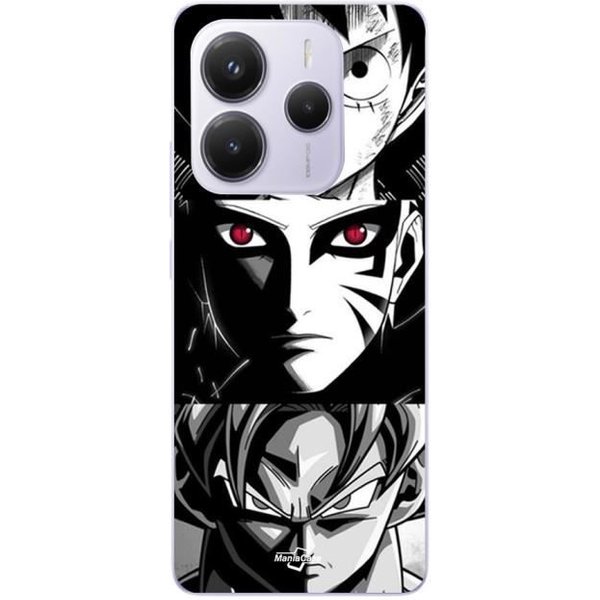Coque Xiaomi Redmi Note 14 5G Sangoku Naruto Luffy One Piece Dragon Ball Z Fond Noir Et Blanc, Anime Manga Maniacase-image