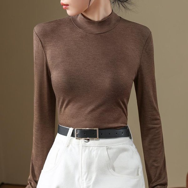 Camiseta De Base De Terciopelo Independiente PequeñA Color Café Para Mujer Nueva Ropa Interior De Manga Larga OtoñO E Invierno Moda CáLida Para La Piel Chaqueta Inferior 3XL Black-image