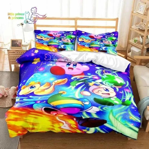 DiseñO 3D Impreso Kawaii Dibujos Animados Kirbys Juego De Cama TamañO Individual TamañO Individual Dimensiones Matrimonial Queen Dimensiones King Kit De Cama HabitacióN De Adulto NiñO EU Single 135X200Cm Blue-image
