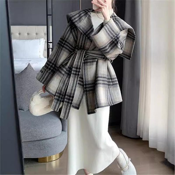 Nuevo Estilo Capa Abrigo De Lana De Longitud Media Estilo Coreano Entallado Cuadros Doble Cara Lana Cachemira Abrigo De Lana Para Mujer Invierno M Black-image