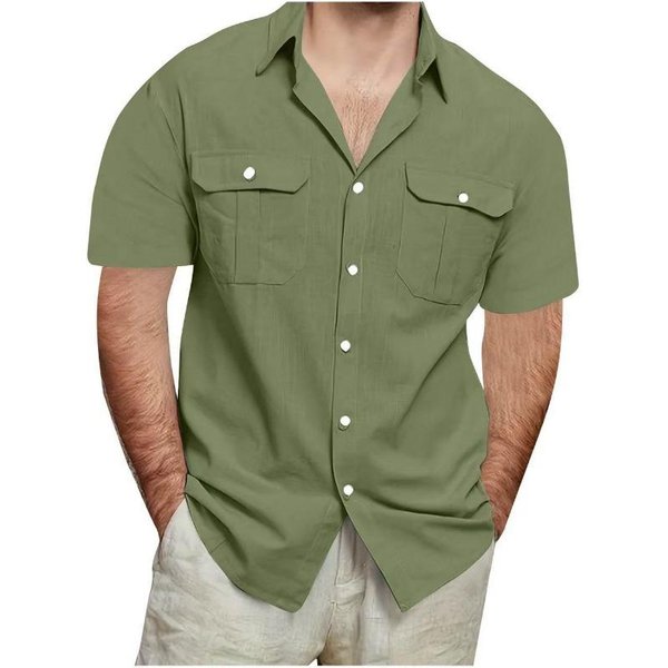 Camisa De Manga Corta Para Hombre Con Botones Y Doble Bolsillo En El Pecho, Informal, Transpirable, Con Cuello 5XL Verde Del EjéRcito-image
