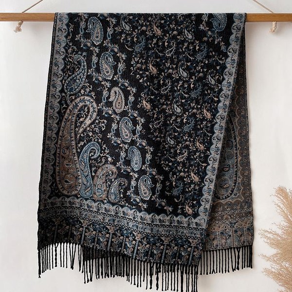 Luksusowy Zimowy Szal Pashmina Damskie Szale Z Haftem Paislej Kaszmirowe Grube Grube Szale Eleganckie Poncho Outdoor Bufanda 65X200Cm Gray-image