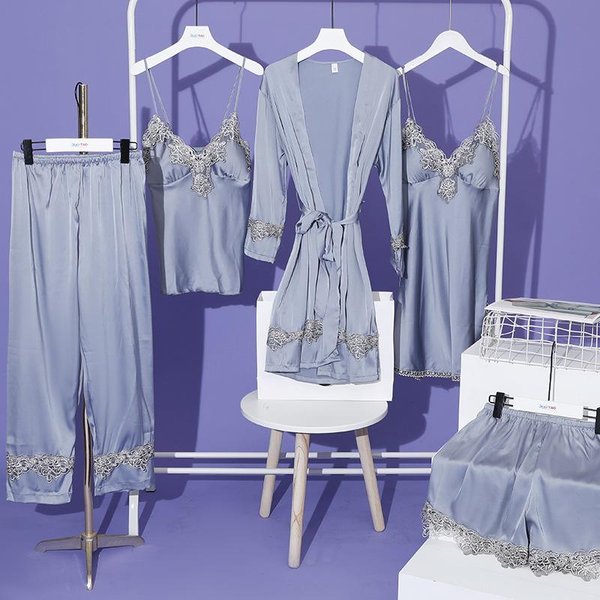 Pijama Nuevo Para Mujer Set Sexy De 5 Piezas Pijama De SatéN Bata Con Tirantes De Encaje Pijama Ropa Casual Para El Hogar 2XL Gray-image