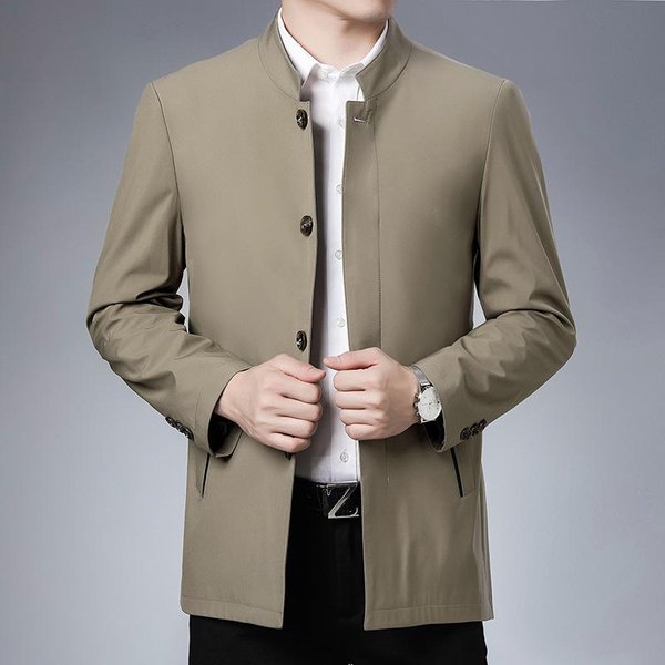 Chaqueta Para Hombre De Mediana Edad Primavera Y OtoñO Nueva Chaqueta Para Padre De Mediana Edad Y Anciano Chaqueta Abotonada De Longitud Media Con Cuello Alto Para Hombre 4XL Beige-image