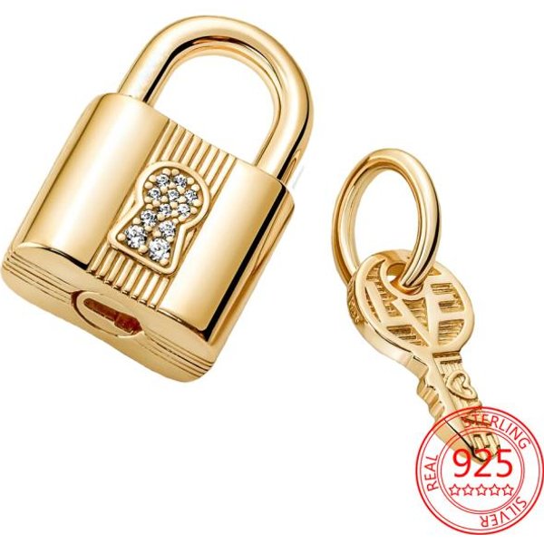 Nuevo Charm Colgante De Candado Y Llave De Plata De Ley 925 Con BañO De Oro Compatible Con Pulsera De Abalorios De Plata Original Para Mujer JoyeríA Fina Regalo Beige-image