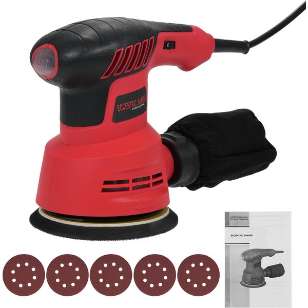 Lijadora Orbital Aleatoria De 300 W, 13000 Rpm, Lijadora Orbital EléCtrica Con 6 Velocidades Variables, Lijadora De Palma Con EU Plug Rojo-image