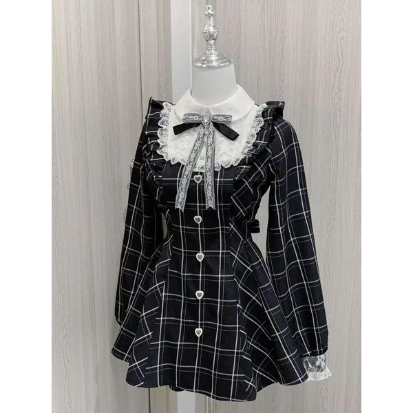 JapońSka Bajkowa SłOdka Koronkowa Patchworkowa Kraciasta Sukienka Damska Kawaii Grunge Falbankowa DłUgi RęKaw Sukienki Estetyczna JK Lolita Vestidos L Gray-image