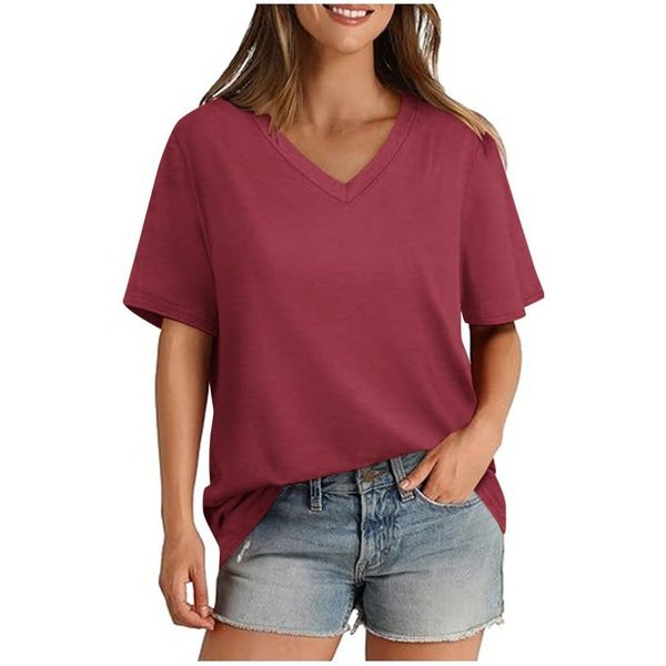 Camiseta De Mujer Verano Cuello En V Manga Corta Color SóLido Casual Holgada Top 5XL Rojo Vino-image