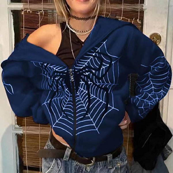 Jesienno-Zimowa Bluza Z Kapturem I Nadrukiem PajęCzej Sieci. Modna Bluza Z Kapturem I Zamkiem BłYskawicznym S-image