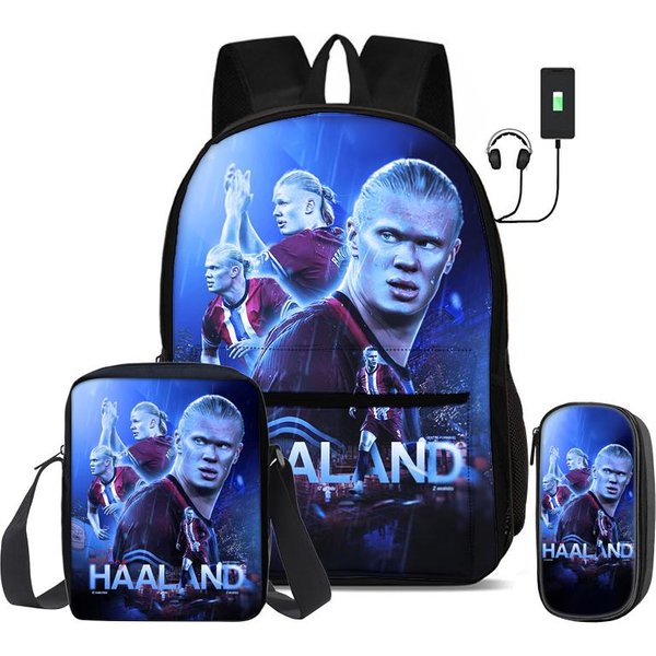 Haaland Juego De 3 Piezas Mochilas Escolares Mochila Con Interfaz USB Estrella De FúTbol Con Bolso De Hombro Estuche Deportivo Para LáPices Mochila Infantil-image