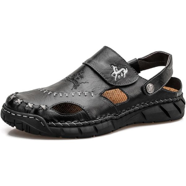 Zapatos De Hombre Talla Grande Cuero Genuino Sandalias De Punta Cerrada Impermeables Cuero Vacuno Zapatillas De Playa Para Hombre Verano Cuero Suave Doble Uso Para Exterior 50-image
