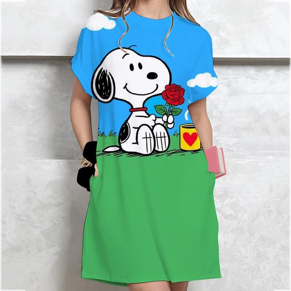 Vestido De Verano Para Mujer Con Estampado De Snoopy, Holgado, Estampado, Cuello Redondo, Manga Corta, CóModo, Casual, Talla Grande S Blue-image