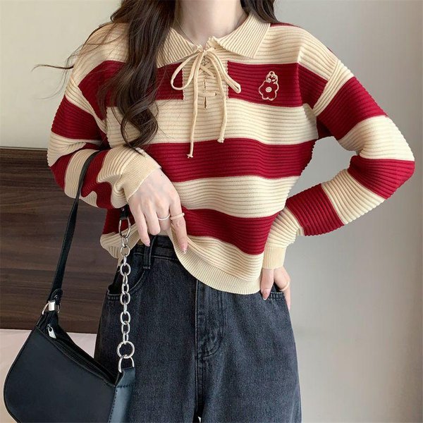 SuéTer De Rayas Vintage Con DiseñO Holgado Para Mujer, Cuello Tipo Polo, Manga Larga One Size Brown-image
