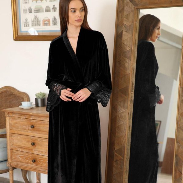 Bielizna Nocna Szlafrok Koszula Nocna Jesień Zima Aksamitna Koszula Nocna Szlafrok Kimono Seksowna Koronka DłUga Bielizna Nocna Szlafrok LuźNa Odzież Domowa XL Czarny-image