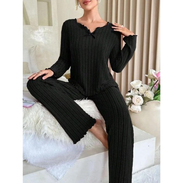 Conjunto De Pijama De Canalé Para Mujer, Ropa De Dormir De OtoñO E Invierno, Camiseta De Manga Larga Y Pantalones Largos, Conjunto De 2 Piezas, Ropa Informal Para Estar En Casa M Black-image