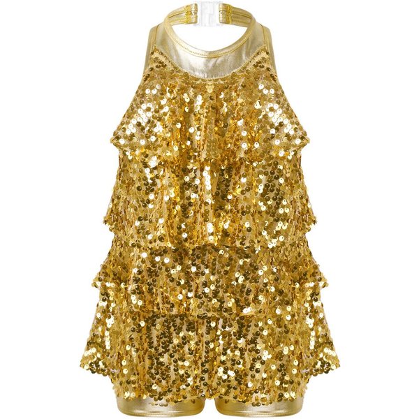 DziecięCe BłYszcząCe Cekiny Gimnastyczne Shorty Unitards Sukienka DziewczęCy Trykot Baletowy Latin Jazz Kostium Taneczny 7-8 Years Beige-image