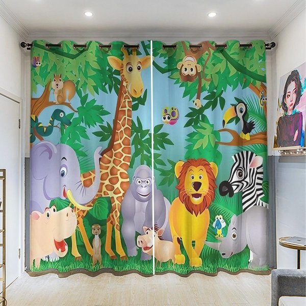 Cortina HabitacióN Infantil Animales De Dibujos Animados Elefante Jirafa LeóN Cortinas Finas De Sombreado Para Sala De Estar Dormitorio Divisor De HabitacióN 2 Paneles W60H60(Cm)X2Pcs&Hook-image