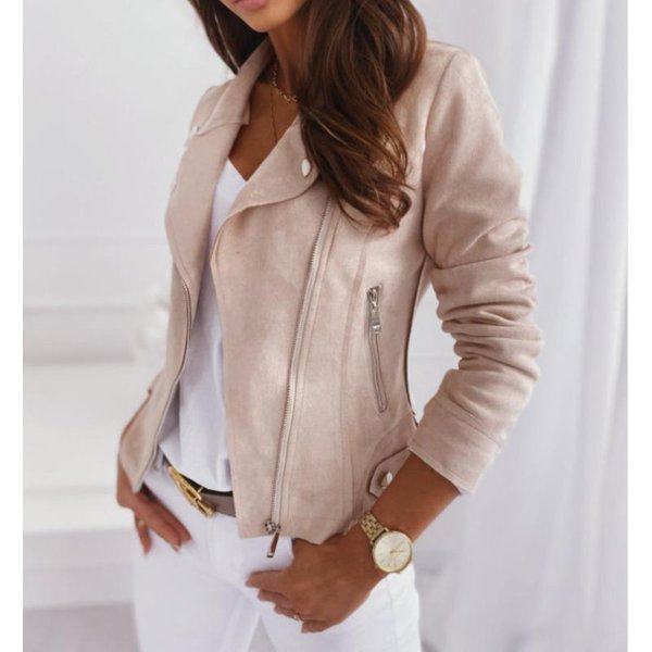 Nueva Chaqueta Corta De Cuello Solapa Estrecha Con Cremallera Chaqueta Corta De Piel De Ciervo Para Mujer 2XL Gray-image