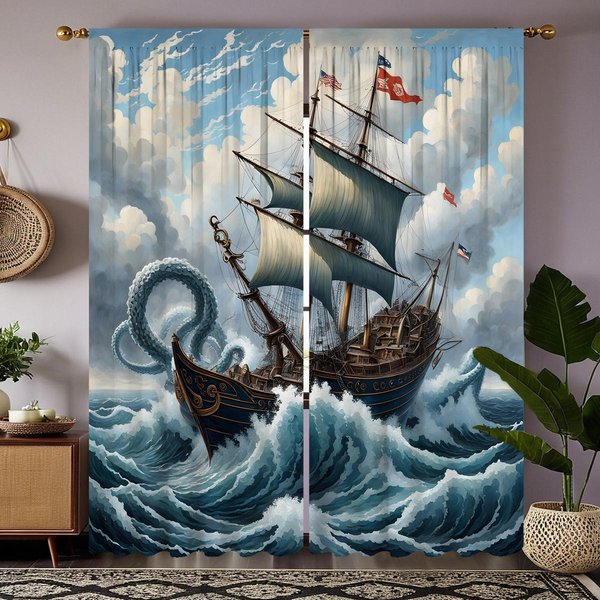 2 Piezas De Cortina Decorativa De Velero Marino De Alta DefinicióN Azul Lazo Cortina Estampada Digitalmente DecoracióN De Estilo Para El Hogar Li W52H63Inchw132H160Cm-image