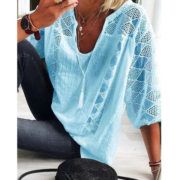 Vestidos Casuales De Moda Verano Primavera Color SóLido Estampado Manga Corta Cuello En V Para Mujer Hnxc L Blue-image